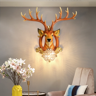 White/Brown/Gold Elk Wall Lighting Country Metal 1 Light Lantern Sconce Light Fixture with Crystal