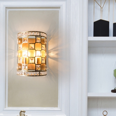 2 Lights Half Cylinder Wall Mount Lighting Colonial Metal and Clear Crystal Wall Lamp in Gold
