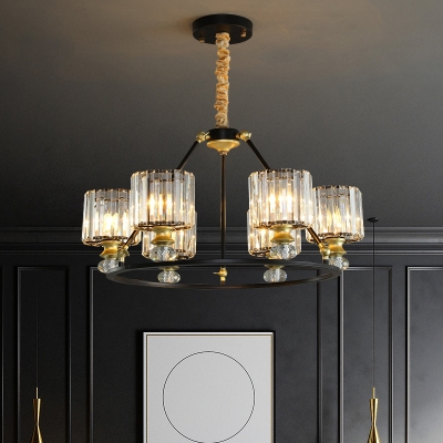 4/6/8 Heads Drum Chandelier Modernism Clear Crystal Prisms Hanging Lamp in Brass with Black Metal Ring
