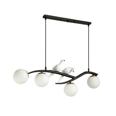 4 Lights Orb Island Lighting with Bird Accents White Glass Modern Hanging Ceiling Light in Black
