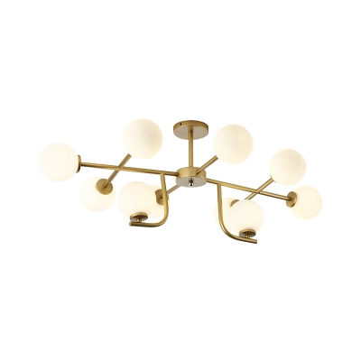 Ball Ceiling Lamp with White Glass Shade 6/10 Lights Modern Vintage Semi Flush Ceiling Light in Gold