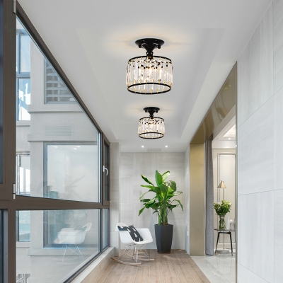 Black/Champagne Gold Crystal Semi Flush Light Fixtures Modern 1 Light Cylinder Indoor Ceiling Fixture