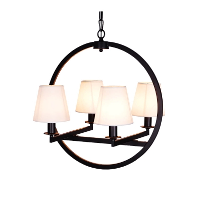 Black Ring Chandelier Lamp with Flaxen/White Fabric Shade 4 Bulbs Village Pendant Light for Dining Table