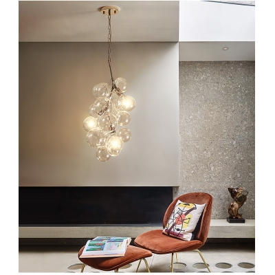 Clear Glass Bubble Pendant Lighting Mid Century Modern 3/5 Lights Hanging Chandelier in Gold