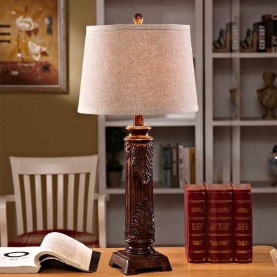 Cone Table Lighting with Leaf Pattern Beige Linen Shade Country Style Table Lamp in Brown