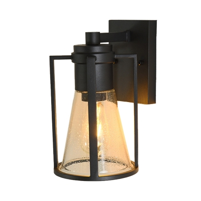 Conical Wall Sconce with Metal Cage Corridor 1 Light Rustic Clear Glass Sconce Light in Black