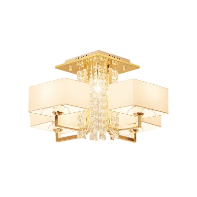Contemporary Rectangle Semi Flushmount with White Fabric Shade 5/9 Lights Indoor Semi Flush in Gold, 23