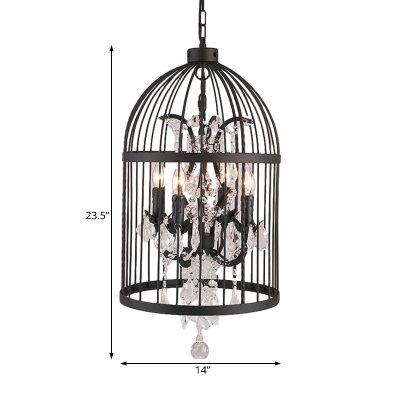 Country Style Birdcage Pendant Lighting with Crystal Accents Metallic 4 Lights Black Hanging Lamp