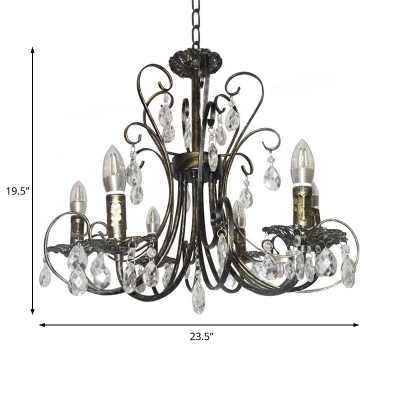 Country Style Candle Chandelier Lighting with Crystal Accents 6 Lights Brass Suspension Lamp