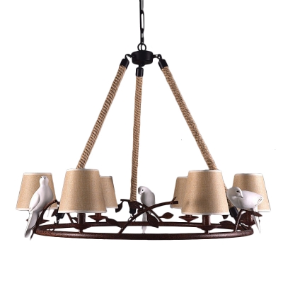 Country Style Conical Ceiling Hanging Light Beige Fabric Shade 6 Lights Chandelier in Rust Finish with Bird Accents