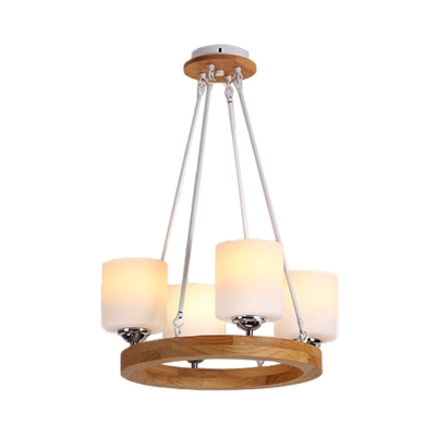 Cylinder Hanging Light with Wooden Ring Frosted Glass 4/6/8 Heads Nordic Chandelier Lamp