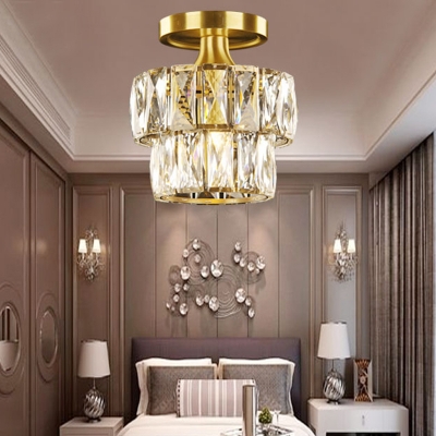 Elegant Style Gold Ceiling Mount Light Drum Shade 1 Light Clear Crystal Ceiling Lamp for Corridor