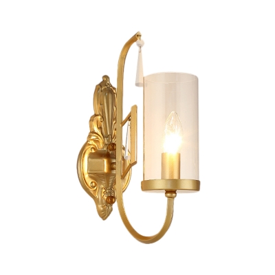 European Style Cylinder Wall Light with Crystal 1/2 Lights Metal Sconce Light in Gold for Corridor