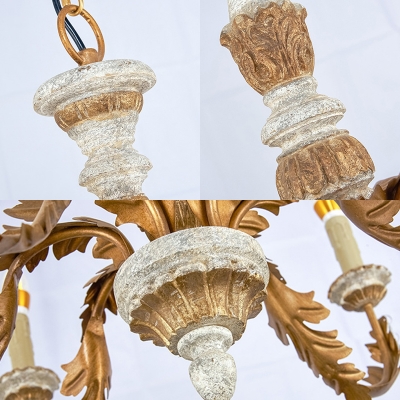 Exposed Bulb Candle Ceiling Pendant Country Style 6 Lights Wood and Metal Chandelier with Crystal Bead