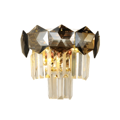 Faceted Crystal Wall Sconce Modernist 2 Bulbs Wall Light Fixture in Smoke Gray for Restaurant