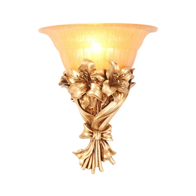 Floral Wall Sconce Lamp Rustic Single Light Indoor Gold Wall Lighting with Flared Opal Glass Shade