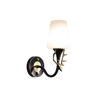 Frosted Glass Cone Wall Lighting with Curved Arm 1/2 Lights Vintage Wall Sconce Light in Black/Gold for Living Room