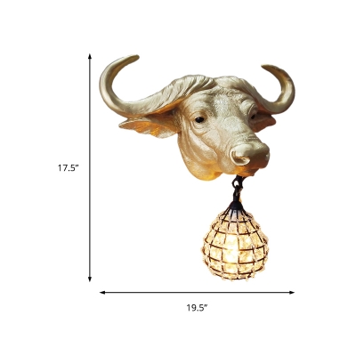 Gold Cattle Wall Lamp with Hanging Crystal/Glass Shade 1 Light Art Deco Wall Mount Lighting