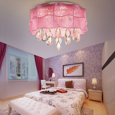 Modern Blue/Pink Flush Ceiling Lamp Flower Metal LED Ceiling Lamp with Teardrop Crystal for Hotel