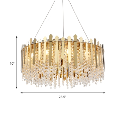 Modern Drum Suspension Light with Clear Crystal Beaded Strand 12 Lights Living Room Lighting in Brass