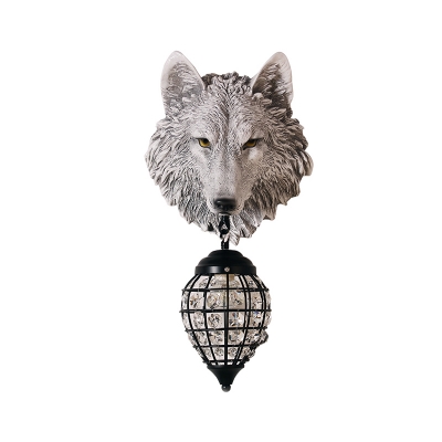 Resin Grey/Gold Wolf Wall Lamp with Crystal Beaded Lampshade 1 Head Country Wall Lighting in Black