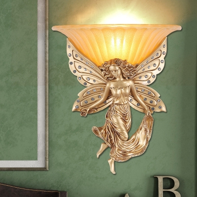 Resin Mermaid Wall Lighting Art Deco 1 Bulb Gold Wall Mount Lighting with Opal Glass Shade