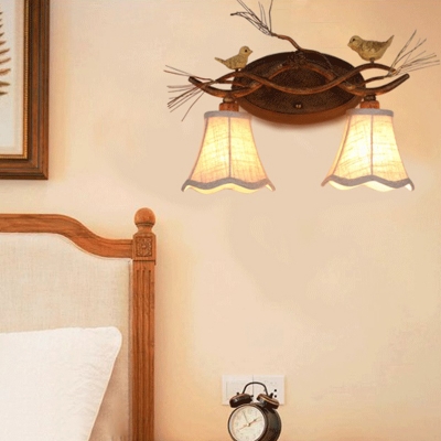 Rustic Wall Mount Light with Scalloped White Fabric Shade 2/3 Lights Indoor Wall Sconce for Bedroom