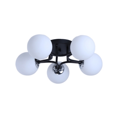 Spherical Semi Flush Lamp Modern Frosted Glass 3/5/9 Lights Semi Flushmount Lighting in Black/White