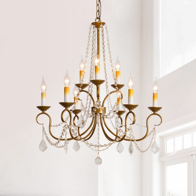 Traditional Candle Chandelier Pendant Light 6/9 Lights Crystal Beaded Hanging Pendant in Brass