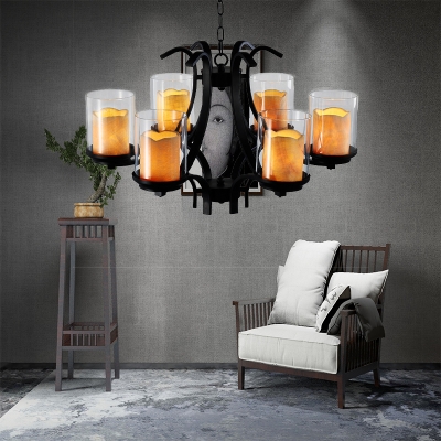 Traditional Cylinder Pendant Light with Chain Clear Glass and Marble 6 Lights Chandelier in Black