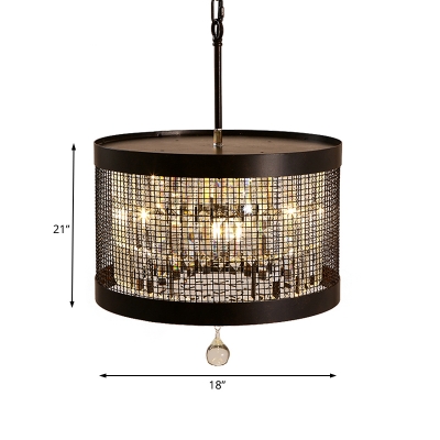 Wire Mesh Round Pendant Light with K9 Crystal Block Country Style 4 Lights Dining Room Lighting in Black