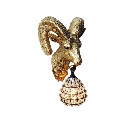1 Light Goat Wall Mounted Lamp with Crystal/Glass Shade Country Style Wall Lighting in Gold