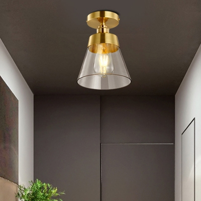 1 Light Gold Finish Semi Flush Mount Light with Conical Shade and Clear Glass Minimalist Semi Flush Ceiling Light