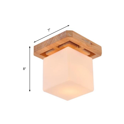 1 Light Square Ceiling Flush Mount with White Glass Shade Minimalism Flush Light Fixture in Wood