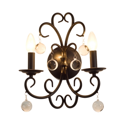 2 Lights Candle Wall Sconce Lighting Industrial Metal Wall Lamp in Black with Clear Crystal