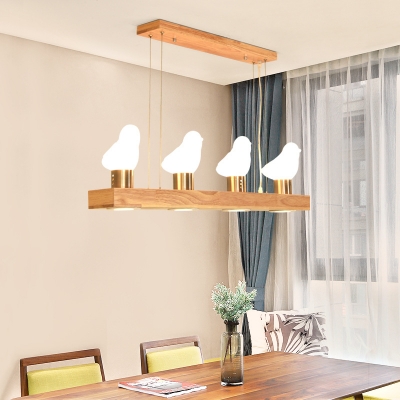 3/4 Birds Island Lighting Wood and White Glass Nordic Linear Chandelier Lamp for Kitchen