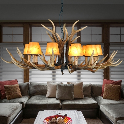 6/8/10 Lights Conical Hanging Pendant Light Vintage Resin Ceiling Chandelier with Antlers Design in Light Brown