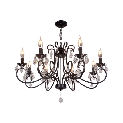 6/8 Lights Vintage Chandelier with Candle Metal and Crystal Pendant Light in Black for Clothes Store