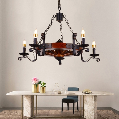 Black Candle Chandelier Lamp with Wooden Round 3/5/6 Lights Industrial Hanging Pendant Light