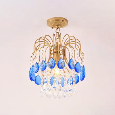 Blue Crystal Hanging Pendant Light 1 Bulb Modernism Suspension Light in Gold for Corridor