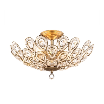Brass Peacock Tail Flush Ceiling Light Dome Elegant Style Metal Ceiling Lamp for Living Room