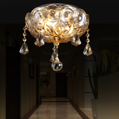 Clear Flower Flush Ceiling Light with Crystal Ball Decor Hotel Porch Elegant Style Ceiling Lamp