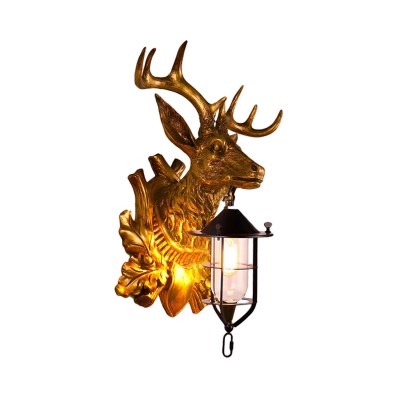 Clear Glass Lantern Wall Light with Gold Deer Backplate 1 Light Rustic Wall Sconce Light