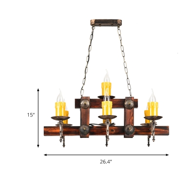 Country Hanging Pendant Light with Candle Adjustable 7/10 Lights Wood Island Lamp for Restaurant in Brown