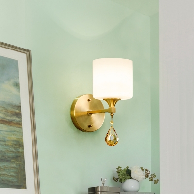Cylinder Frosted Glass Wall Lamp Modernist 1/2-Light Sconce Light with Amber Crystal in Brass