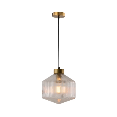 Drum Pendant Lighting Nordic Amber/Clear/Smoke Ribbed Glass 1 Light Suspension Lamp in Brass