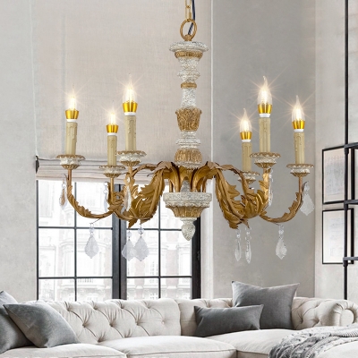 Exposed Bulb Candle Ceiling Pendant Country Style 6 Lights Wood and Metal Chandelier with Crystal Bead