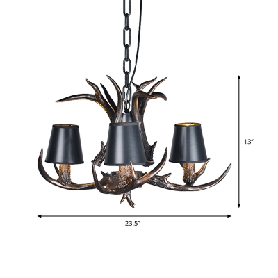 Fabric Conic Pendant Lighting with Antlers Modernist 3/6/8/12 Lights Hanging Light Fixture in Black for Living Room