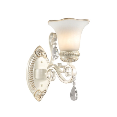 Flower Glass Shade Sconce Light Modern 1/2-Head Clear Crystal Wall Mounted Light in White for Bedroom