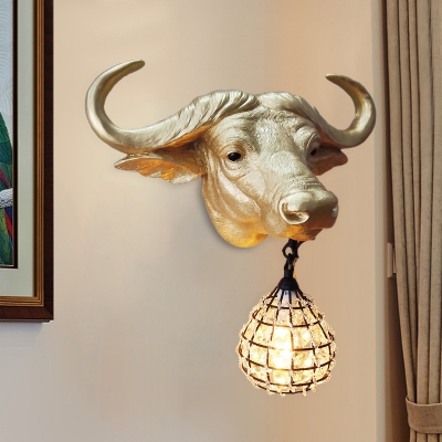 Gold Cattle Wall Lamp with Hanging Crystal/Glass Shade 1 Light Art Deco Wall Mount Lighting